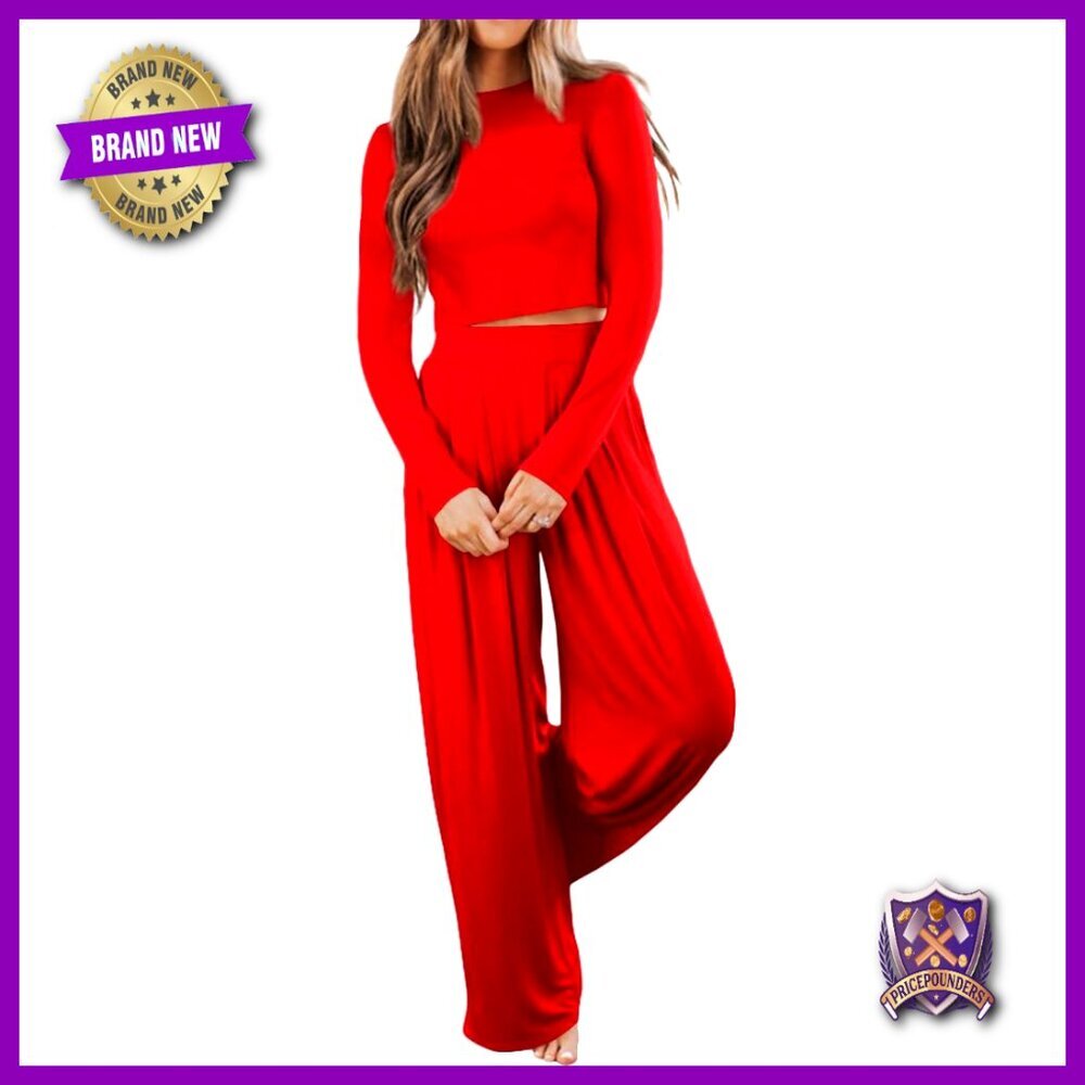 Soft Rayon Long Sleeve Crop Top Pajama Set Wide Leg Lounge Pants
